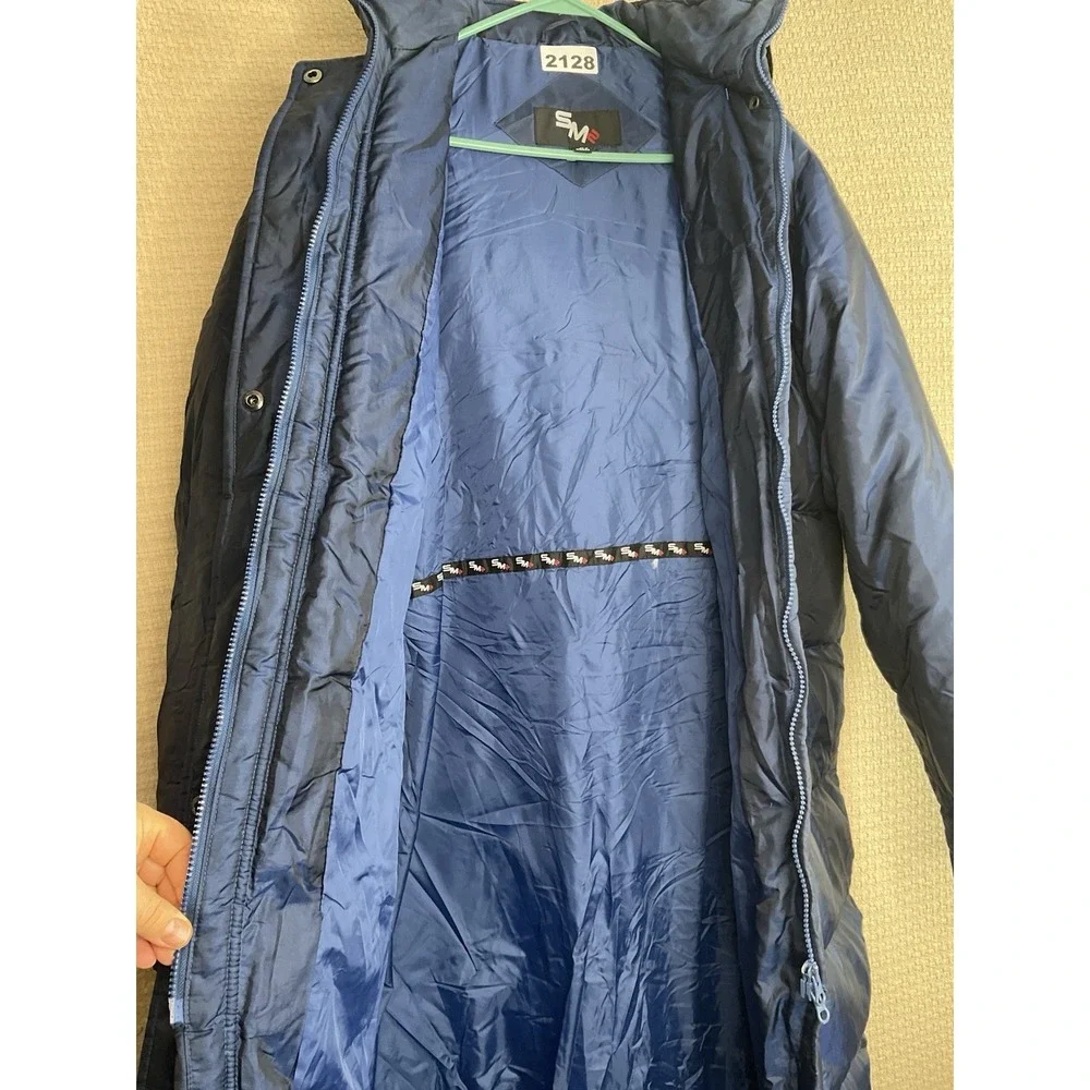 SM2 Womens Size M To L Navy Blue Down‎ Hooded Puffer Long Coat Faux Fur Trim